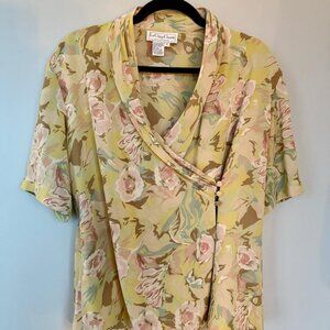 Vintage Floral Blouse Top Button Wrap Pleated Women's Short Sleeve Size 8